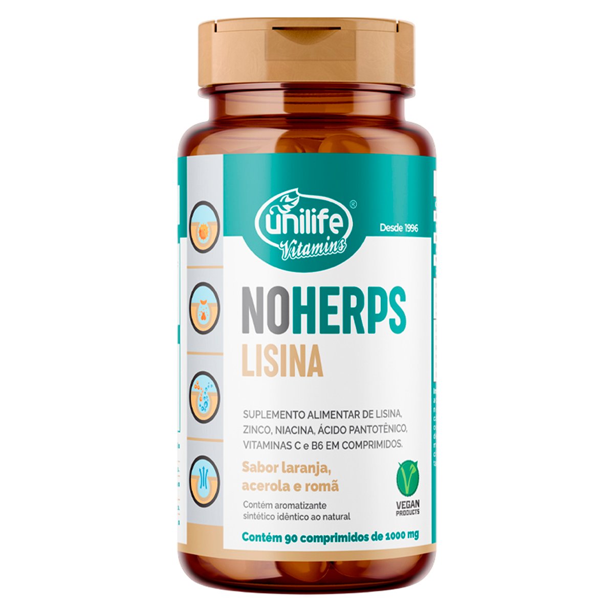 NoHerps Lisina 1000mg Unilife 90 comprimidos Laranja e Acerola